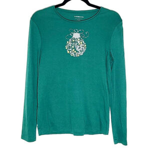 EUC Emerald Green Rhinestone Glitter Holiday Christmas Ornament Knit Top Sz S